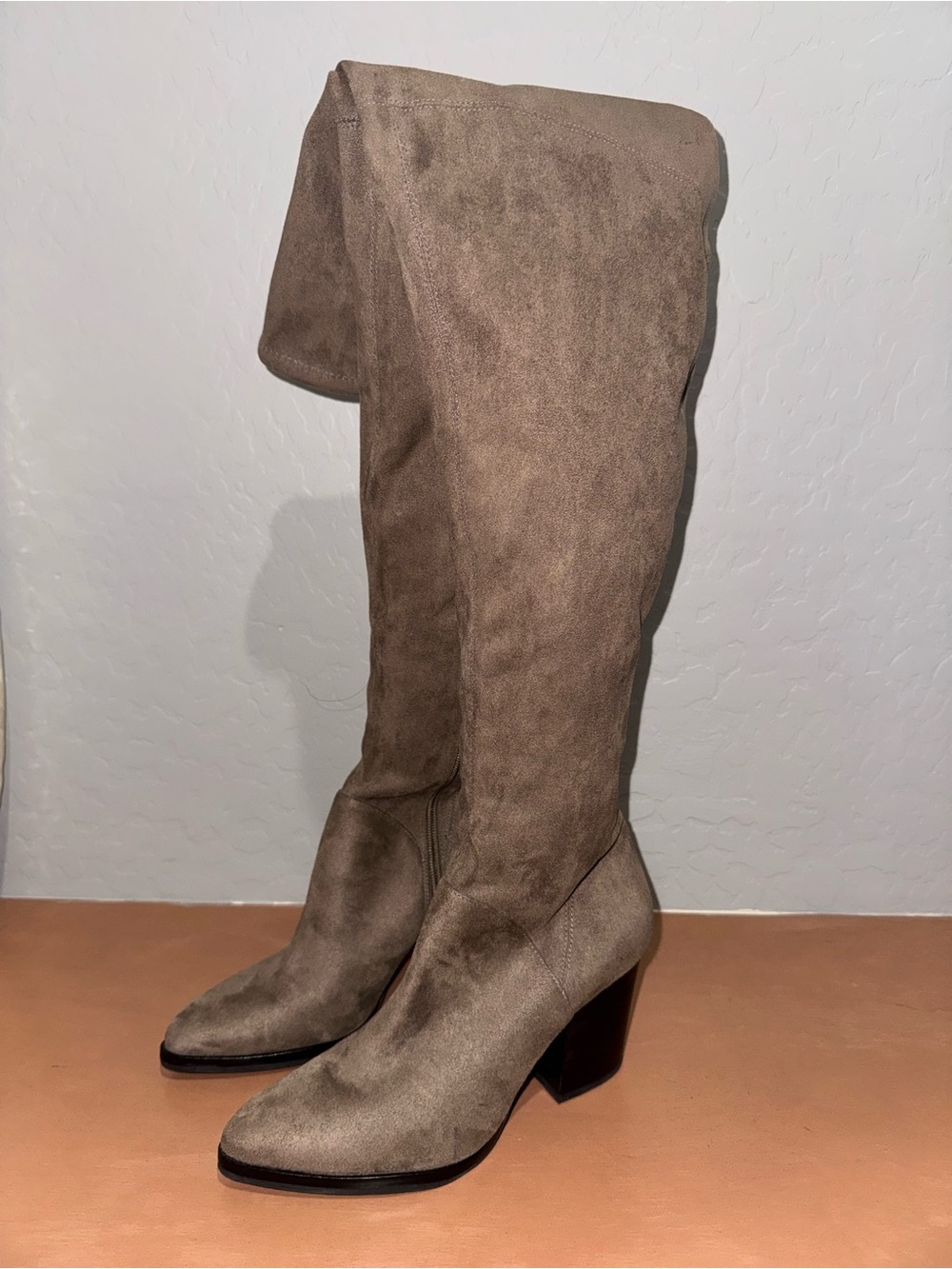 Marc Fisher Thigh High Suede Block Heel Boots in Taupe